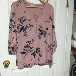 Floral Button Henley Top - Dusty Rose